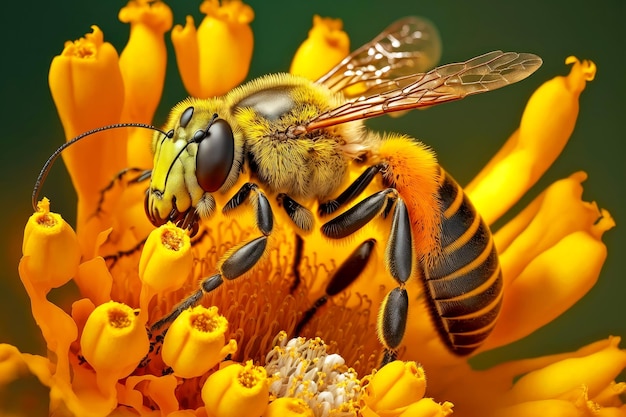 Bee has crouched on bee flower and collects pollen with proboscis created with generative ai