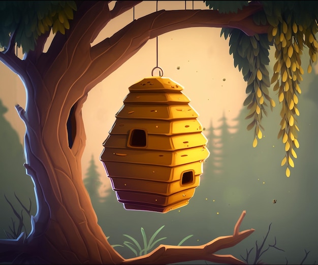 Bee hive hanging from a tree summer cartoon illustrationGenerative AI