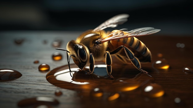 Bee on a honey drop realistic photorealistic closeup Al generated