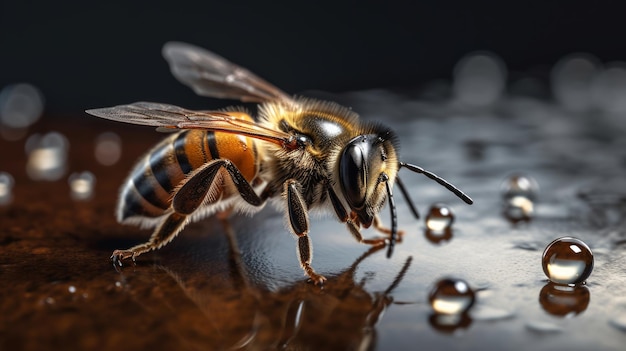 Bee on a honey drop realistic photorealistic closeup Al generated