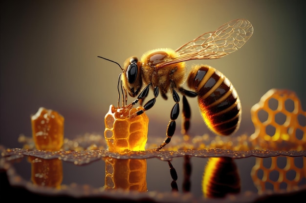 Bee and honey from close up view of nature insect