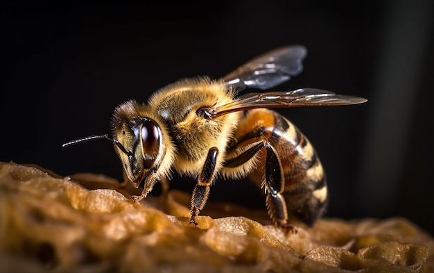 A bee on a honeycomb with a black background