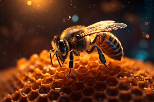 A bee on a honeycomb with a blurry background