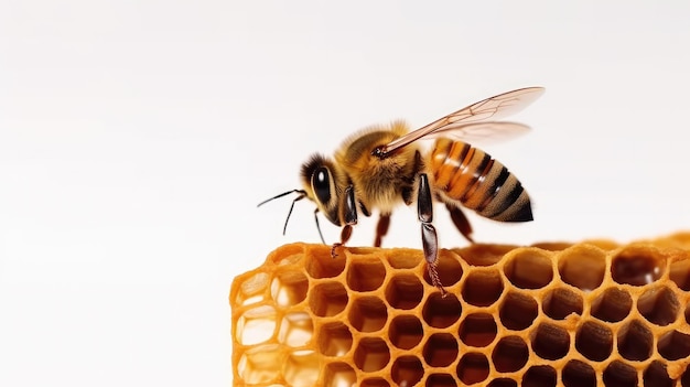 A bee on a honeycomb with a white background