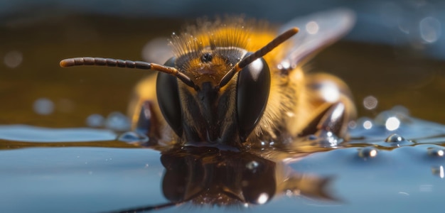 A bee is drinking water from a pond.