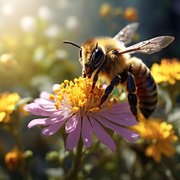 a bee is eating a flower from a purple flower