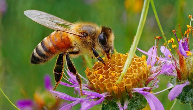 a bee is eating a nectar from a flower