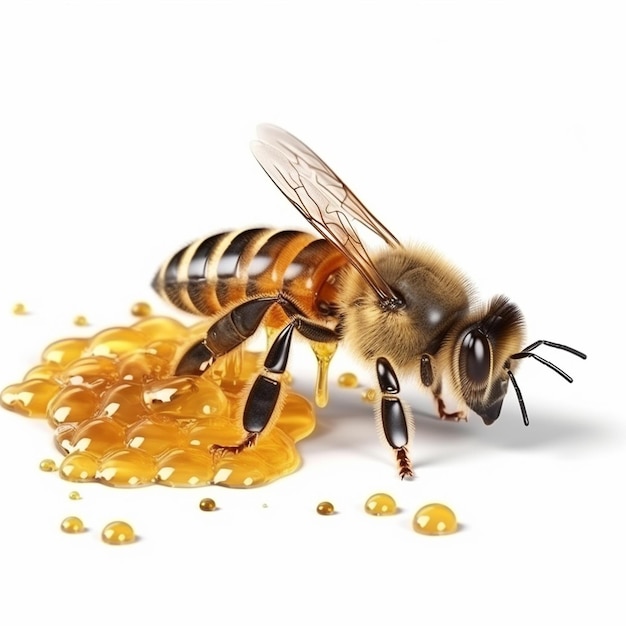 A bee is eating some honey on a white background.