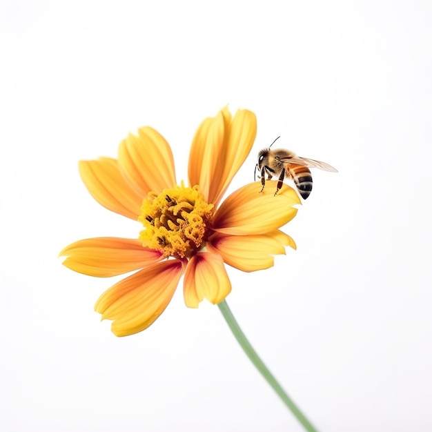 A bee is on a flower with a white background.