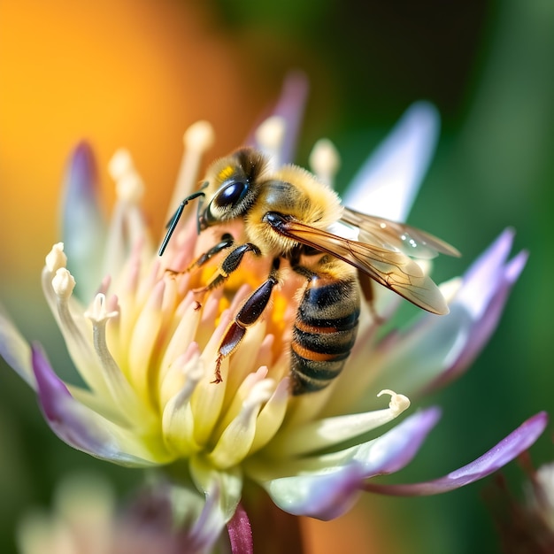 A bee is on a flower with a yellow center.