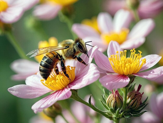 a bee is on a flower with a yellow flower in the background