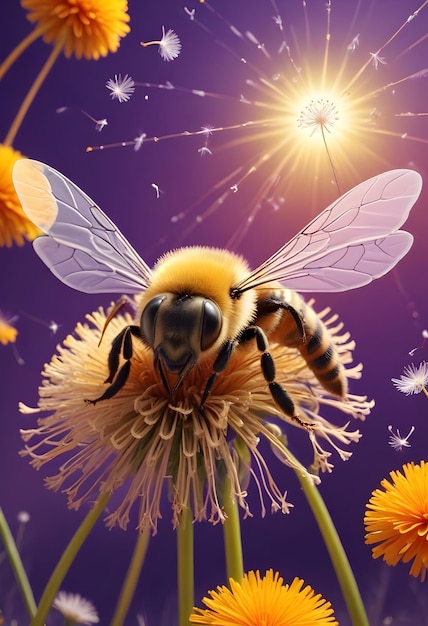 a bee is flying over a flower with the sun shining behind it