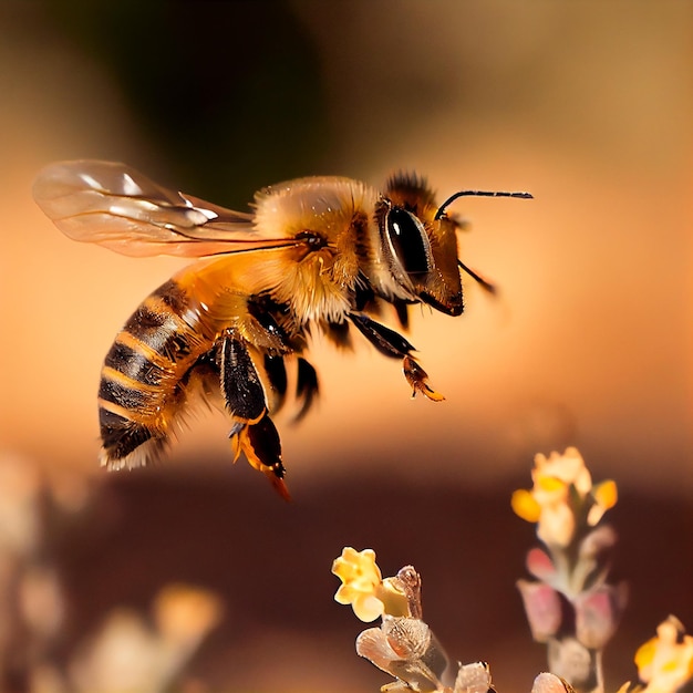 A bee is flying in front of a yellow flower.