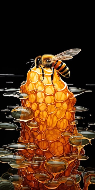 Photo a bee is flying over a honeycomb with water drops