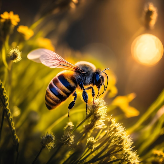 A bee is flying over some flowers with the sun shining on it.