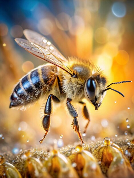 a bee is flying over some water and some other bees