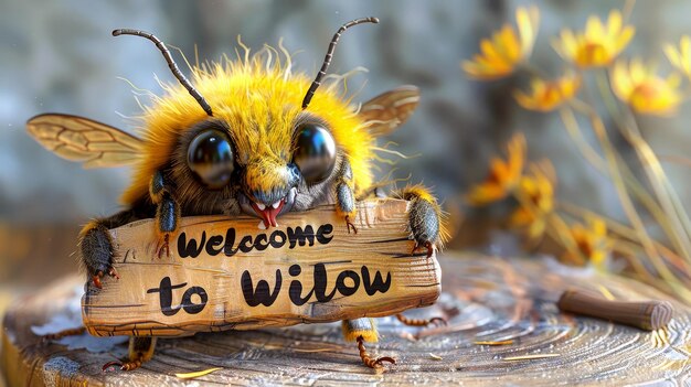 Photo a bee is holding a sign that says welcome to the bees