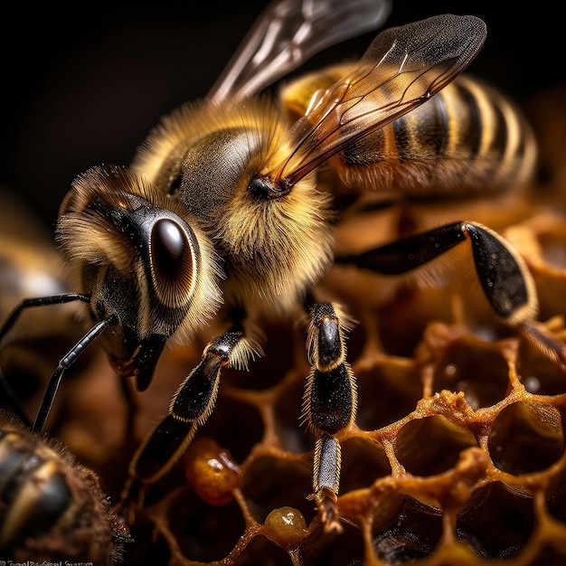 A bee is on a honeycomb with a black background.