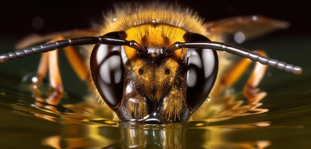 A bee is looking into the water with its eyes closed.