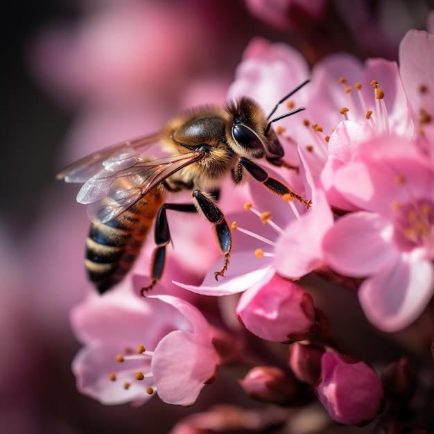 A bee is on a pink flower with a pink flower in the background.