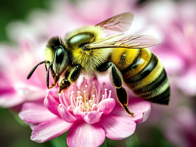 a bee is on a pink flower with the pink flower on it