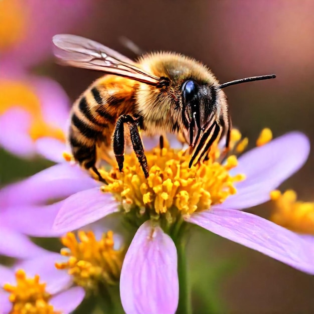 a bee is on a purple flower with the purple flower in the background