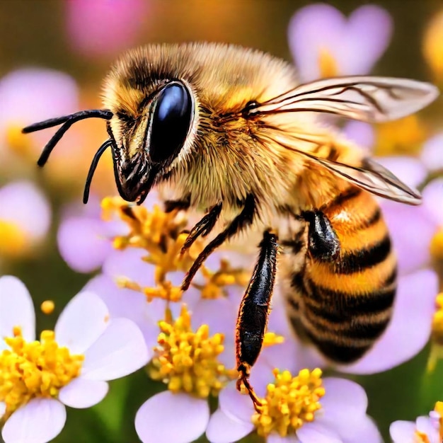 a bee is shown on a purple flower with the bee on it