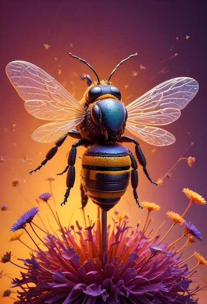 a bee is shown with a purple background