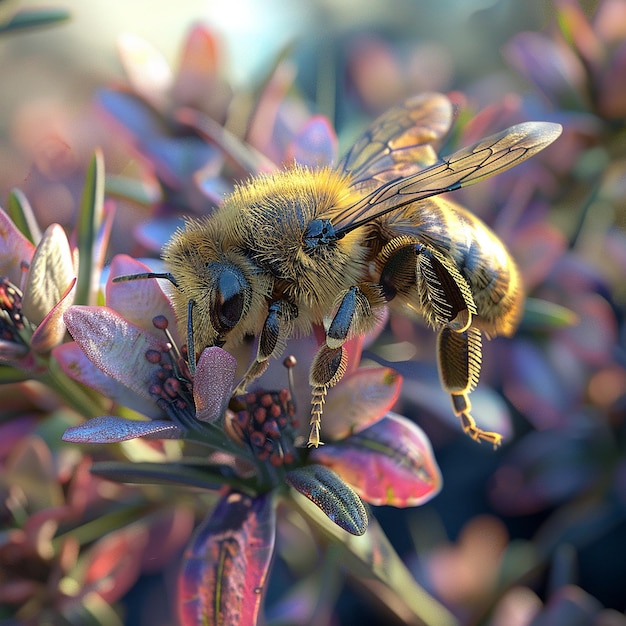 Photo a bee is sitting on a flower with purple flowers