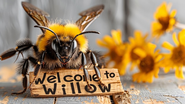 Photo a bee is sitting on a wooden sign that says  welcome to the bees