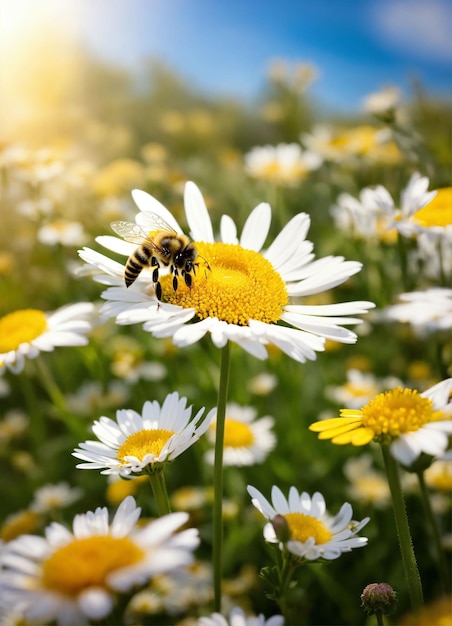 a bee is surrounded by daisies and the sun is shining