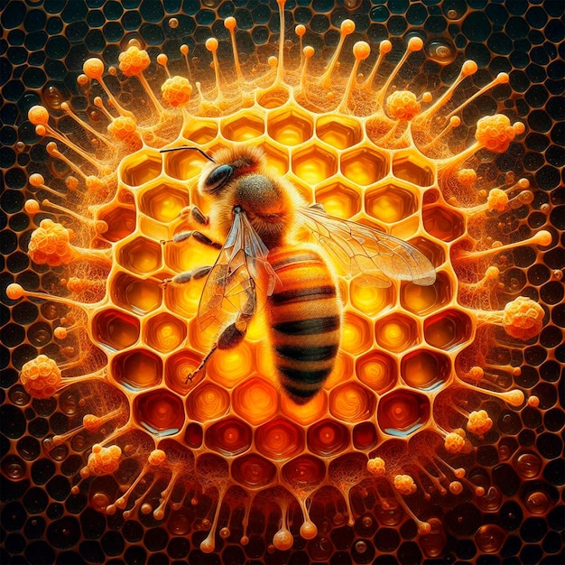 Photo a bee is surrounded by honey bees and has a honeycomb