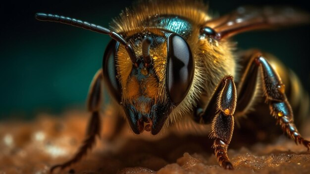 A bee is on a table with a dark background