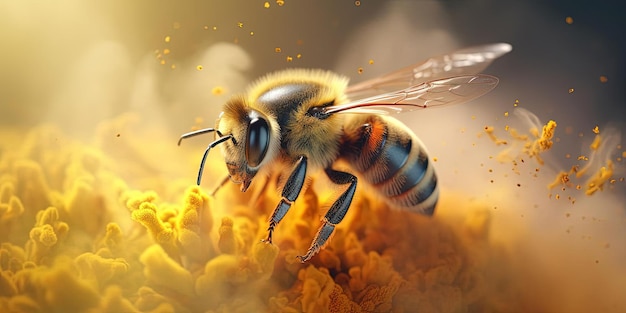 a bee is on top of yellow powder in the style of hyperrealistic atmospheres