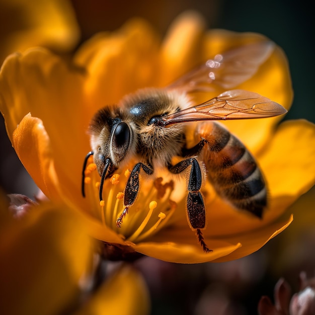 A bee is on a yellow flower with the word bee on it.