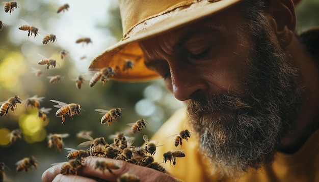 Photo a bee keper working on his garden and collection honey