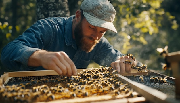 Photo a bee keper working on his garden and collection honey