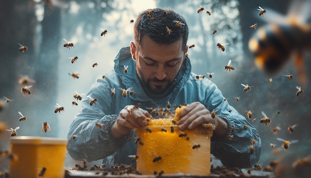 Photo a bee keper working on his garden and collection honey