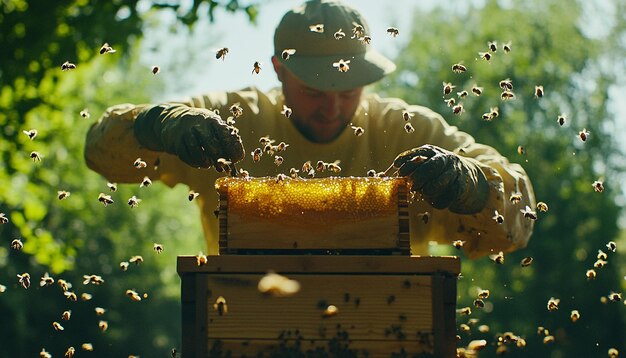 Photo a bee keper working on his garden and collection honey