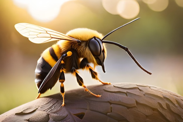 A bee on a log with a blurry background