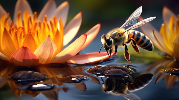 a bee onto a lily in a lush garden a macro lens to emphasize the intricate details of the bees wings and body against the vibrant hues of the flower creating a visually stunning macro shot