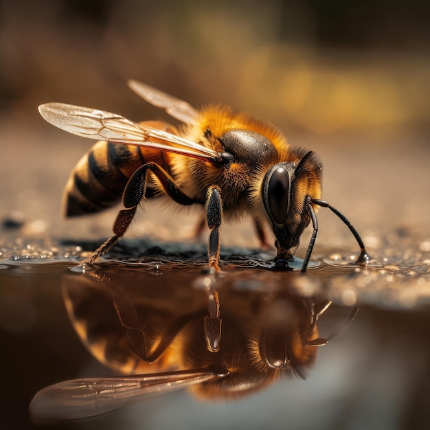 Bee photography A bee is drinking water from a puddle generative ai