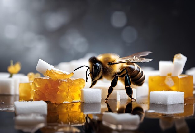 Bee on a piece of sugar and honey closeup portrait