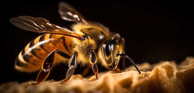 A bee on a piece of wood with a black background