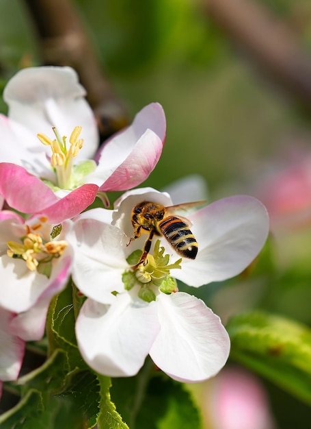 Bee pollinating apple blossoms A bee collecting pollen_ai_generated