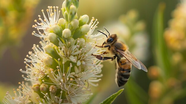 Bee pollinating the flowers of the crown of Christ plant