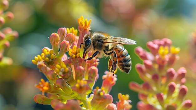 Bee pollinating the flowers of the crown of Christ plant