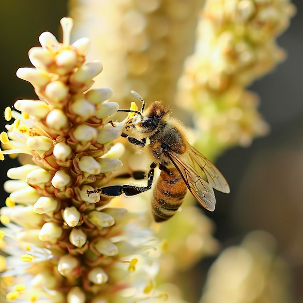 Bee pollinating the flowers of the crown of Christ plant