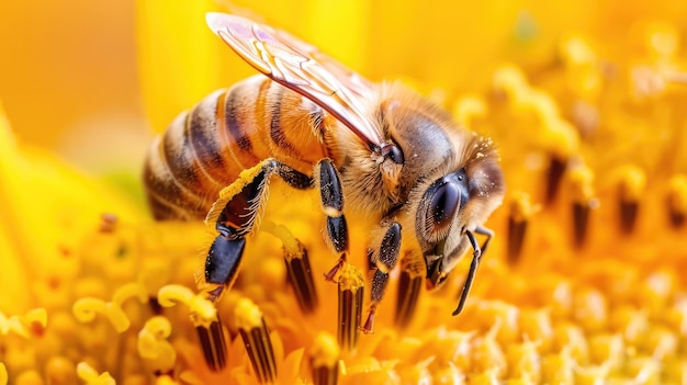 A bee pollinating a vibrant sunflower in a sunny garden during late spring