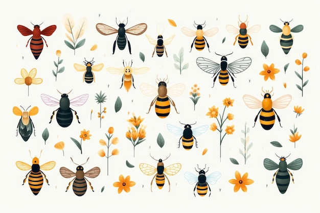 Bee pollinators flat design top view agriculture theme cartoon drawing colored pastel